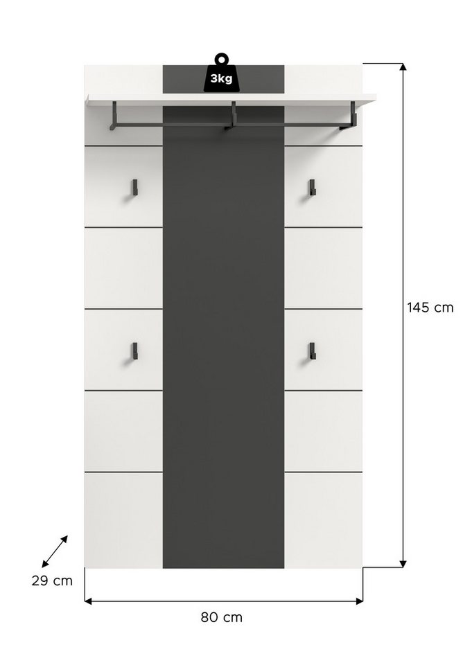 furnling Garderobenpaneel Cano, 1 Ablageboden, 1 Kleiderstange, 4 Haken, Höhe 145 cm