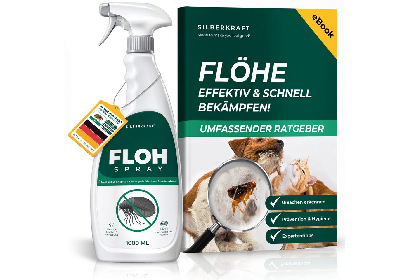 Silberkraft Insektenspray Flohspray Textil & Umgebung 1000 ml inkl. E-Book, Als Umgebungsspray: gezielte Anwendung für eine flohfreie Umgebung, 1-St., Inklusive E-Book mit Tipps zur Vorbeugung & Bekämpfung von Flohbefall, Ideal für Körbchen, Decken, Teppiche & Polstermöbel Bild 3