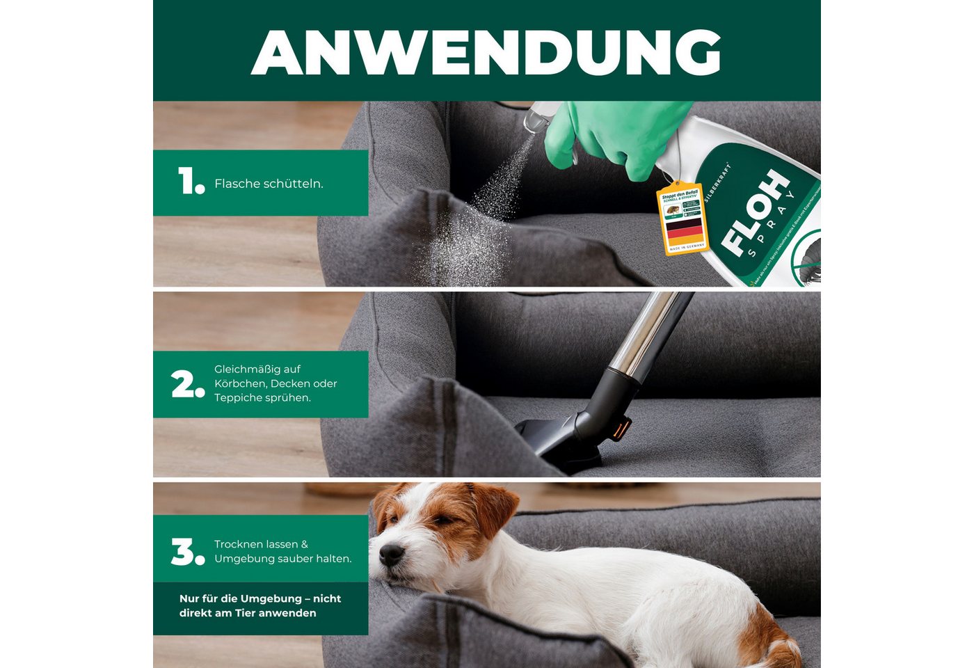 Silberkraft Insektenspray Flohspray Textil & Umgebung 1000 ml inkl. E-Book, Als Umgebungsspray: gezielte Anwendung für eine flohfreie Umgebung, 1-St., Inklusive E-Book mit Tipps zur Vorbeugung & Bekämpfung von Flohbefall, Ideal für Körbchen, Decken, Teppiche & Polstermöbel Bild 5