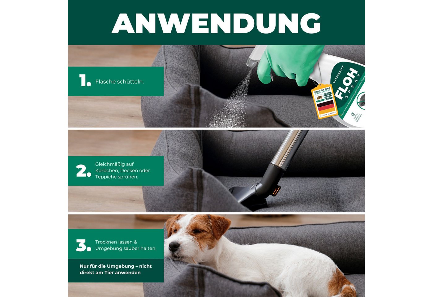 Silberkraft Insektenspray Flohspray Textil & Umgebung 500 ml inkl. E-Book, Als Umgebungsspray: gezielte Anwendung für eine flohfreie Umgebung, 2-St., Inklusive E-Book mit Tipps zur Vorbeugung & Bekämpfung von Flohbefall, Abwehr von Flöhen in der Umgebung: Textilien, Schlafplätze & Wohnräume