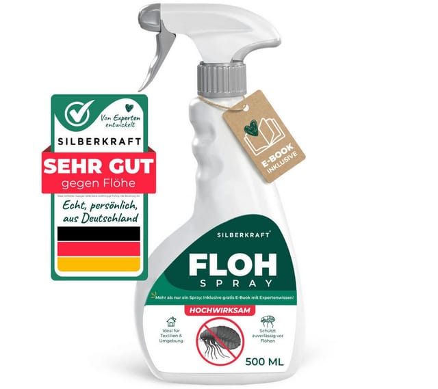 Silberkraft Insektenspray Flohspray Textil & Umgebung 500 ml inkl. E-Book, Als Umgebungsspray: gezielte Anwendung für eine flohfreie Umgebung, 1-St., Inklusive E-Book mit Tipps zur Vorbeugung & Bekämpfung von Flohbefall, Abwehr von Flöhen in der Umgebung: Textilien, Schlafplätze & Wohnräume