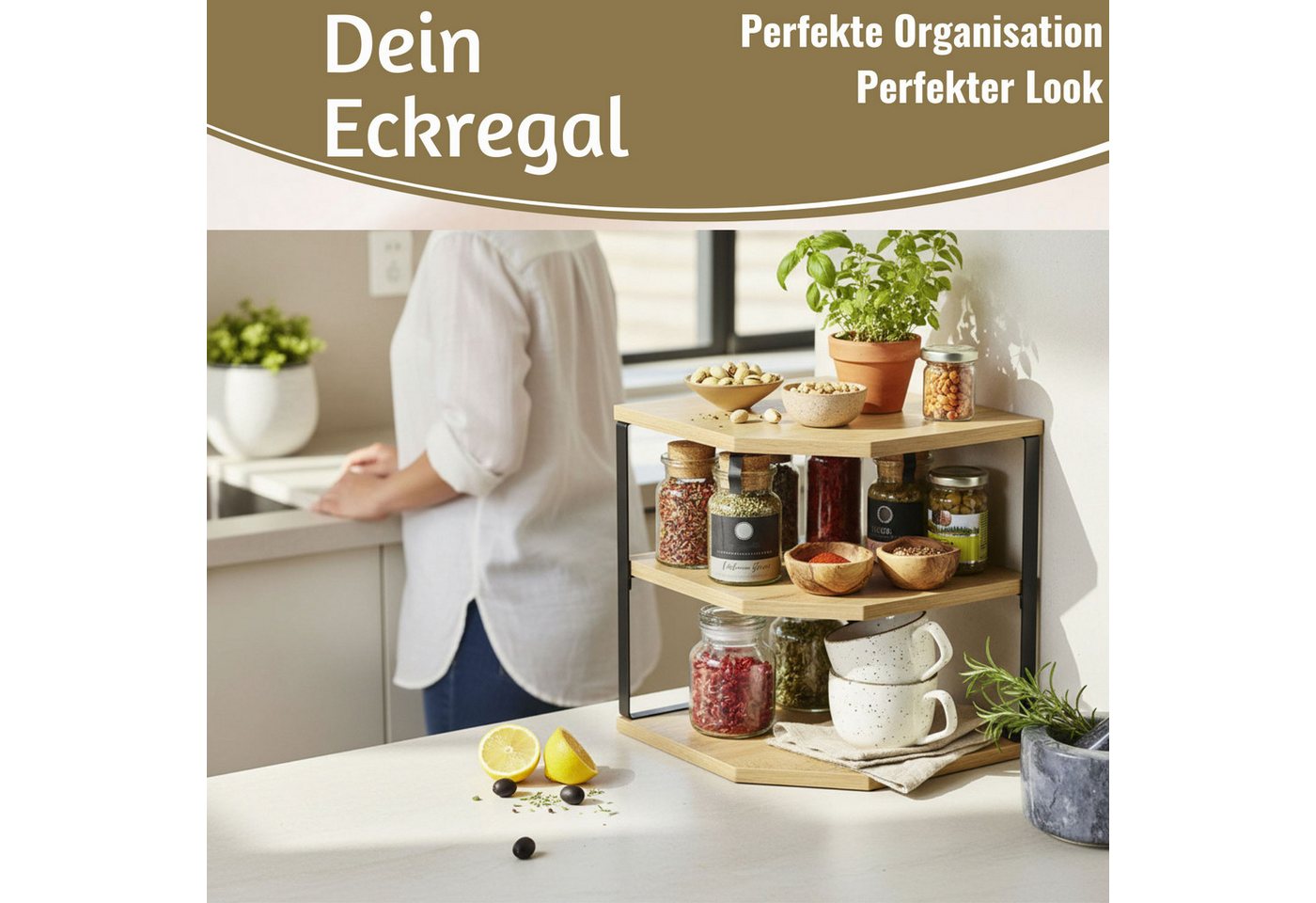 LS-LebenStil Eckregal Küchenregal Eckregal Holz 27x25cm stehend Aufbewahrungsregal Gewürzreg, Küche & Bad - Gewürzregal über Eck - Organizer für Tassen Gewürze 1-tlg., Dekoregal als für Arbeitsplatte - Modern & Platzsparend
