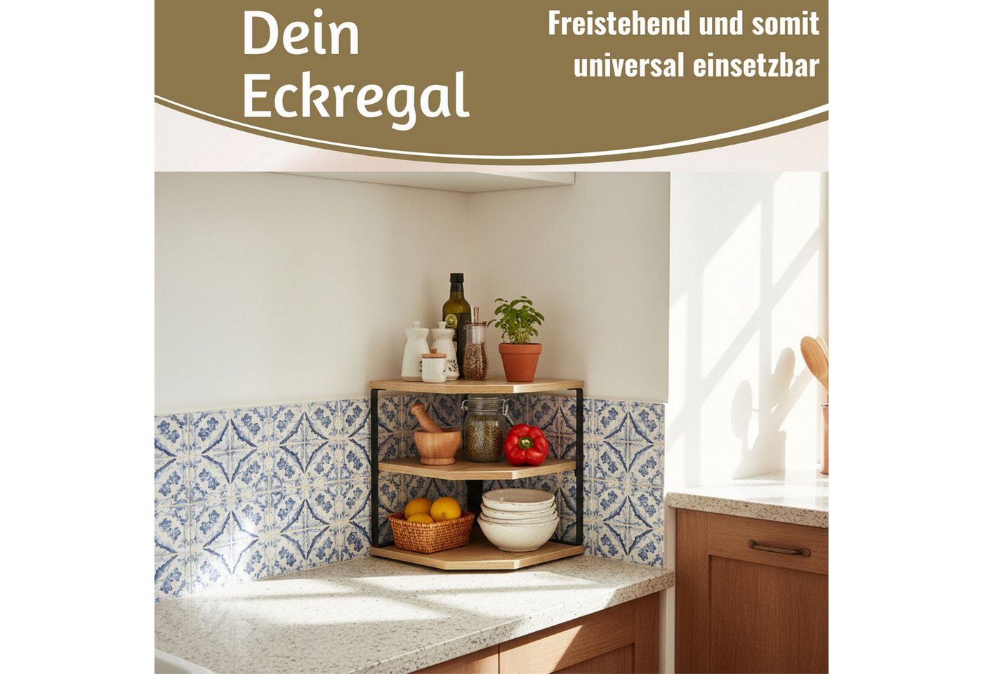 LS-LebenStil Eckregal Küchenregal Eckregal Holz 27x25cm stehend Aufbewahrungsregal Gewürzreg, Küche & Bad - Gewürzregal über Eck - Organizer für Tassen Gewürze 1-tlg., Dekoregal als für Arbeitsplatte - Modern & Platzsparend Bild 2