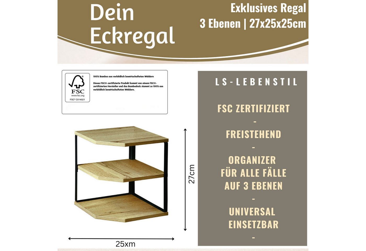 LS-LebenStil Eckregal Küchenregal Eckregal Holz 27x25cm stehend Aufbewahrungsregal Gewürzreg, Küche & Bad - Gewürzregal über Eck - Organizer für Tassen Gewürze 1-tlg., Dekoregal als für Arbeitsplatte - Modern & Platzsparend Bild 5