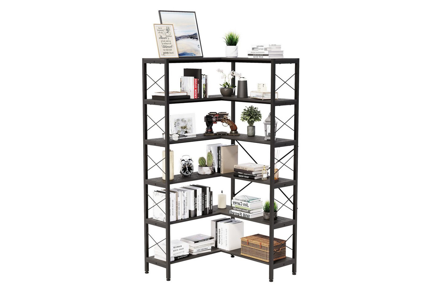 Wildhome Bücherregal Eck-Bücherregal 6 Etagen, Industrie Design Eckregal, 180cm hoch, 1-tlg., Metall Holz Etagere mit offener Lagerung, Standregal