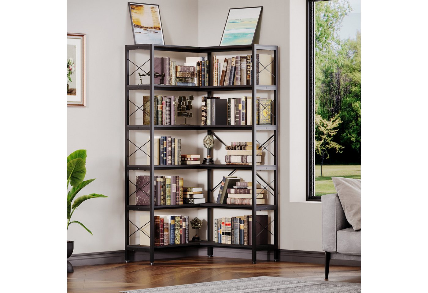 Wildhome Bücherregal Eck-Bücherregal 6 Etagen, Industrie Design Eckregal, 180cm hoch, 1-tlg., Metall Holz Etagere mit offener Lagerung, Standregal Bild 2