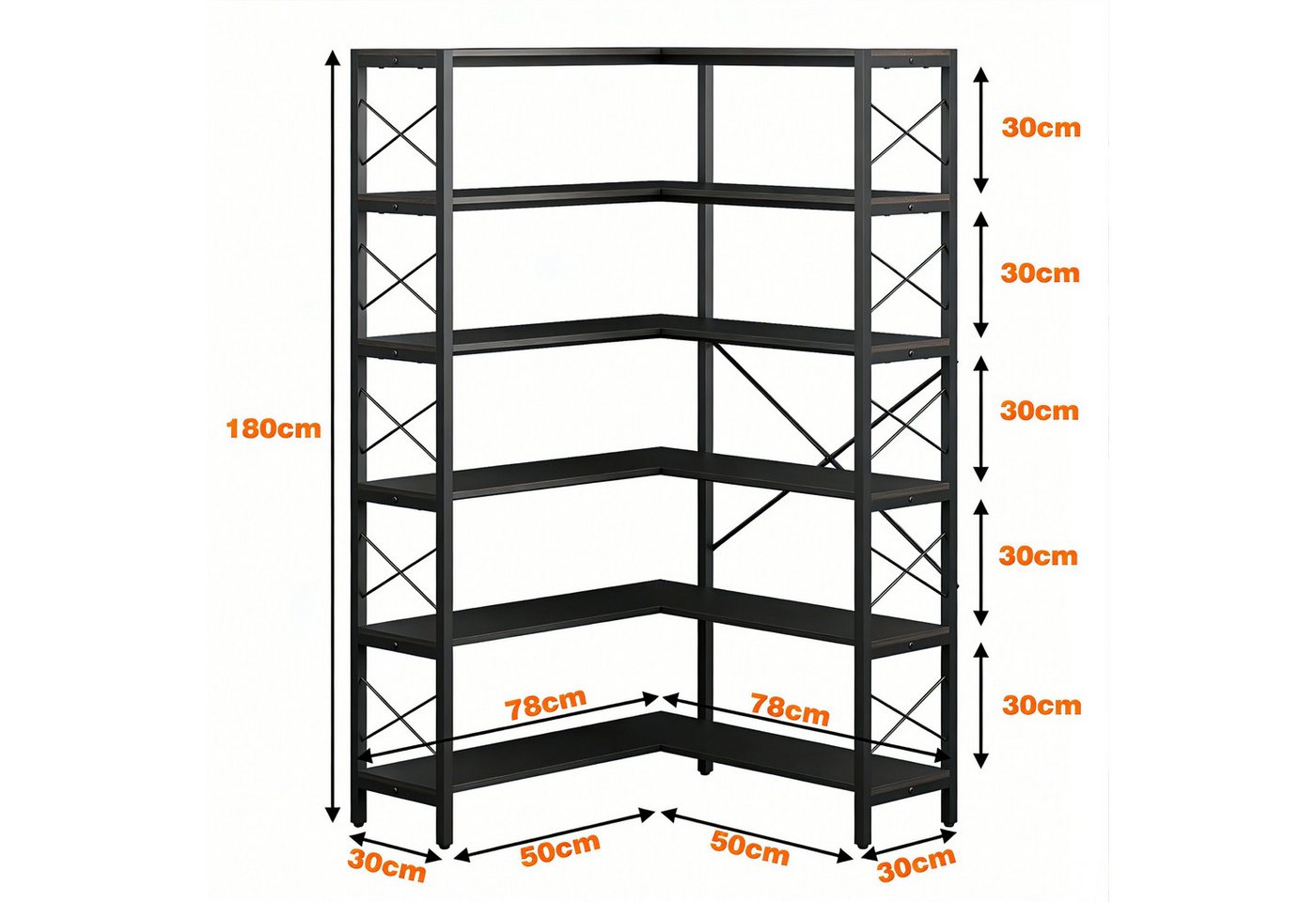 Wildhome Bücherregal Eck-Bücherregal 6 Etagen, Industrie Design Eckregal, 180cm hoch, 1-tlg., Metall Holz Etagere mit offener Lagerung, Standregal Bild 3