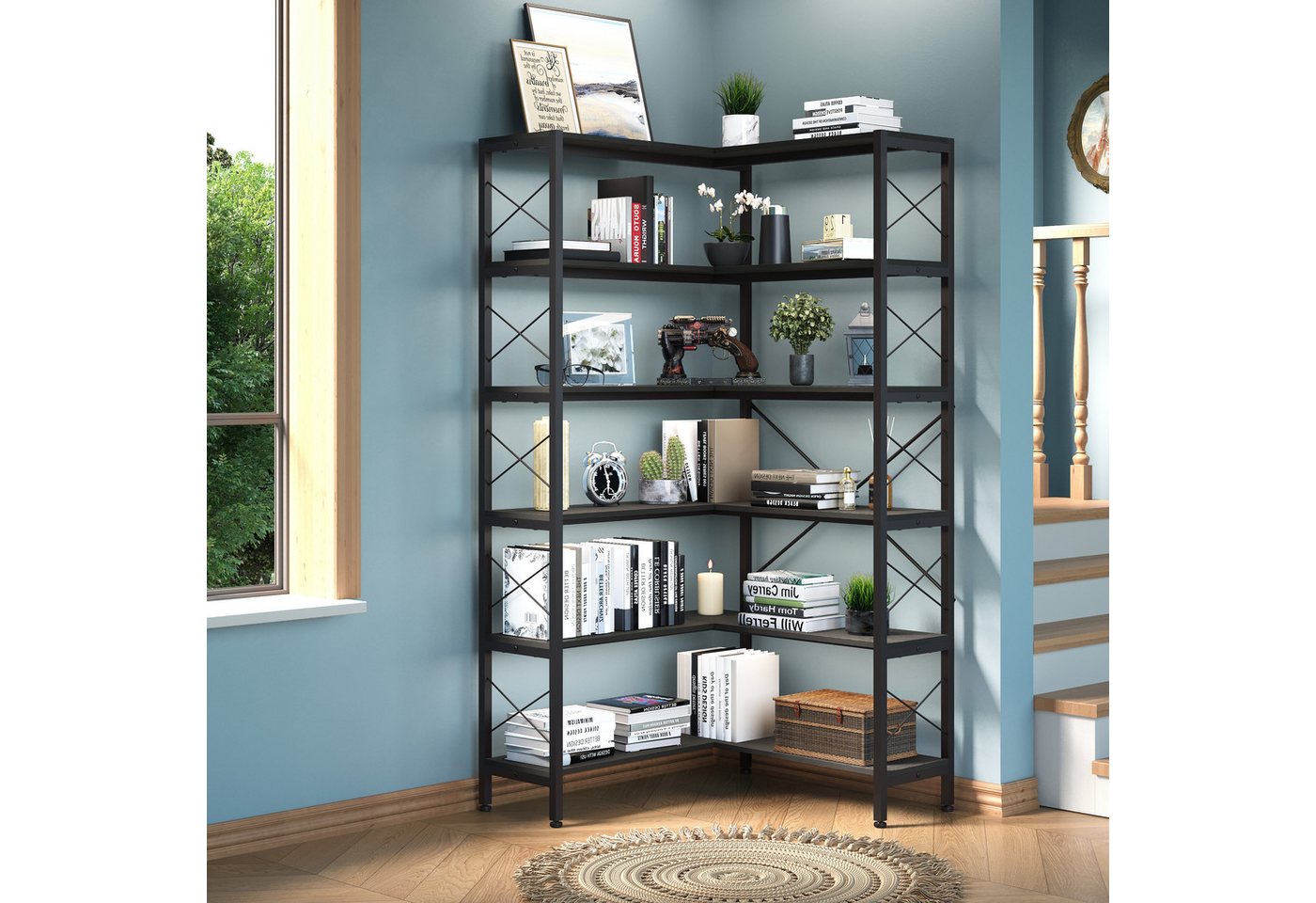 Wildhome Bücherregal Eck-Bücherregal 6 Etagen, Industrie Design Eckregal, 180cm hoch, 1-tlg., Metall Holz Etagere mit offener Lagerung, Standregal Bild 4