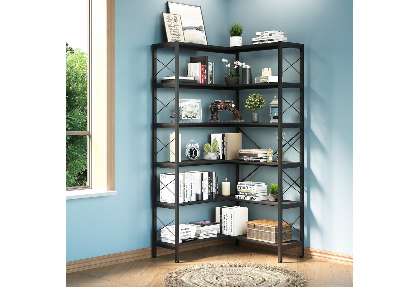 Wildhome Bücherregal Eck-Bücherregal 6 Etagen, Industrie Design Eckregal, 180cm hoch, 1-tlg., Metall Holz Etagere mit offener Lagerung, Standregal Bild 5
