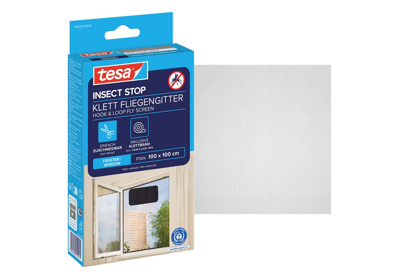 tesa Fliegengitter-Gewebe, (Komplett-Set, 2-St., 2x Fliegen Netz - 100 cm x 100 cm - Anthrazit (Durchsichtig), mit Klettband, zuschneidbar - Mückenschutz ohne Bohren