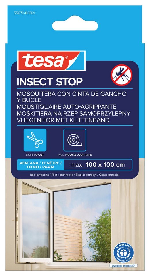 tesa Fliegengitter-Gewebe, (Komplett-Set, 2-St., 2x Fliegen Netz - 100 cm x 100 cm - Anthrazit (Durchsichtig), mit Klettband, zuschneidbar - Mückenschutz ohne Bohren Bild 2