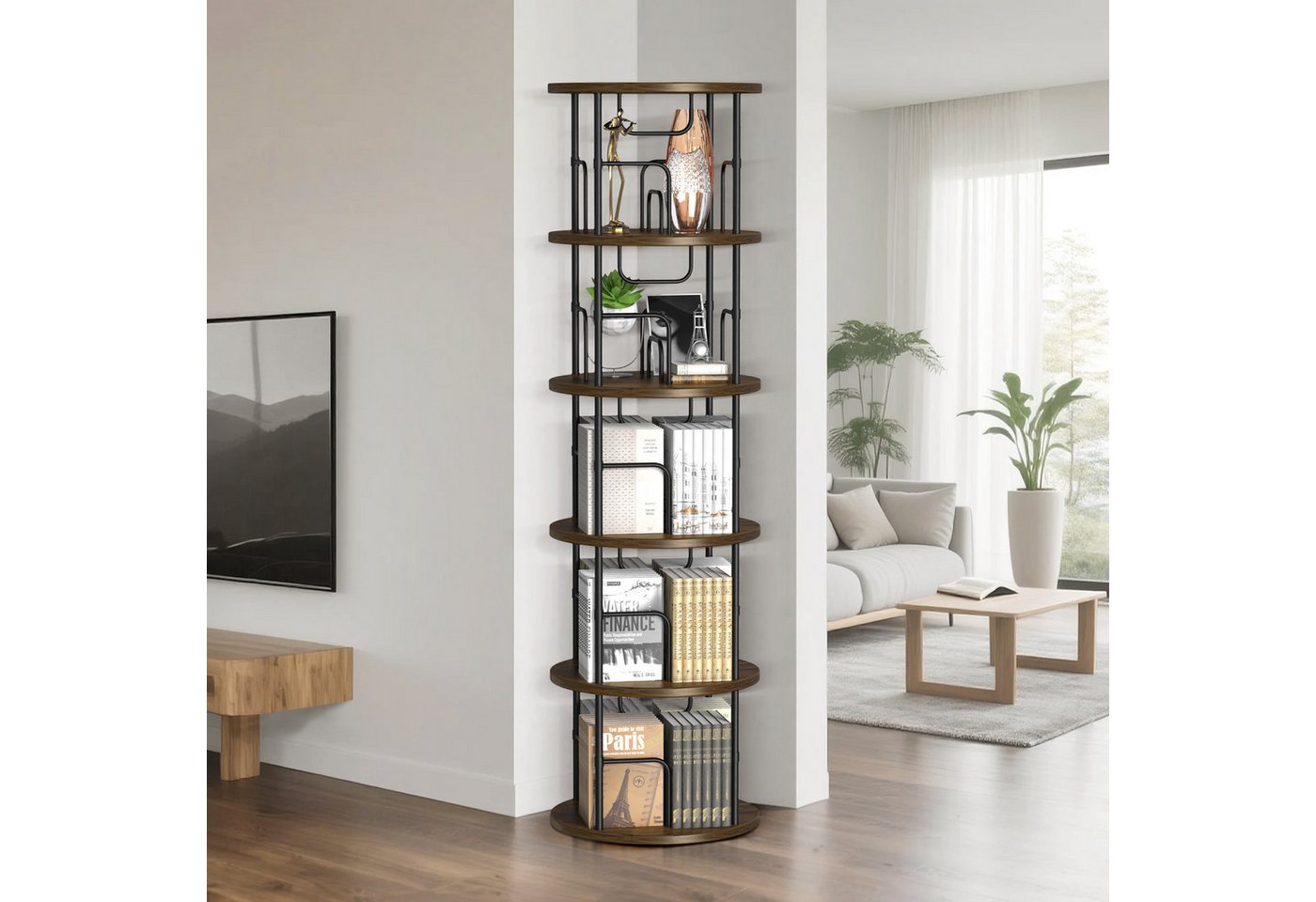 XERSEK Bücherregal 360° Drehbares Bücherturm 5 Ebenen Freistehend Standregal Holzmaserung, Bookshelf Aufbewahrungsregal Eckregal Spielzeugregal, für Kinderzimmer Wohnzimmer Schlafzimmer Büro Aufbewahrung Bild 3