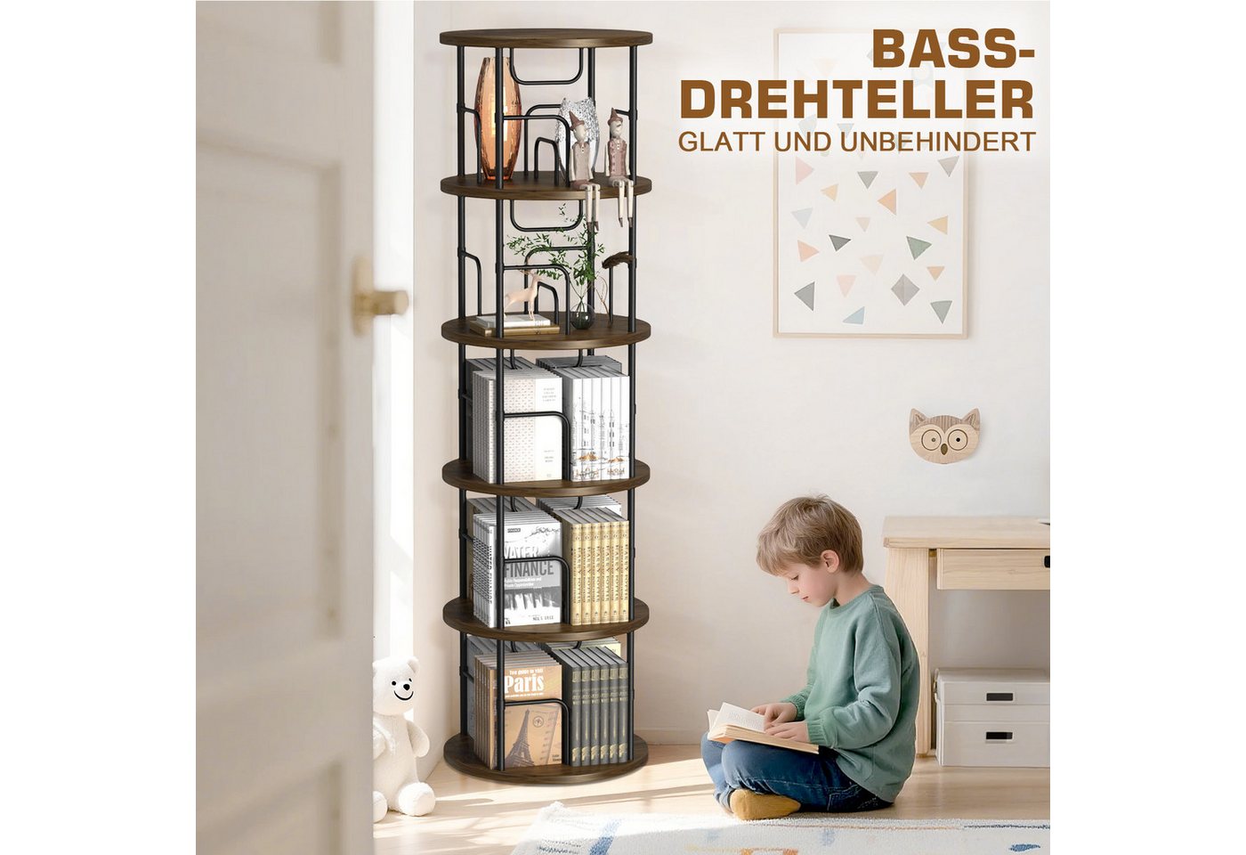 XERSEK Bücherregal 360° Drehbares Bücherturm 5 Ebenen Freistehend Standregal Holzmaserung, Bookshelf Aufbewahrungsregal Eckregal Spielzeugregal, für Kinderzimmer Wohnzimmer Schlafzimmer Büro Aufbewahrung Bild 4