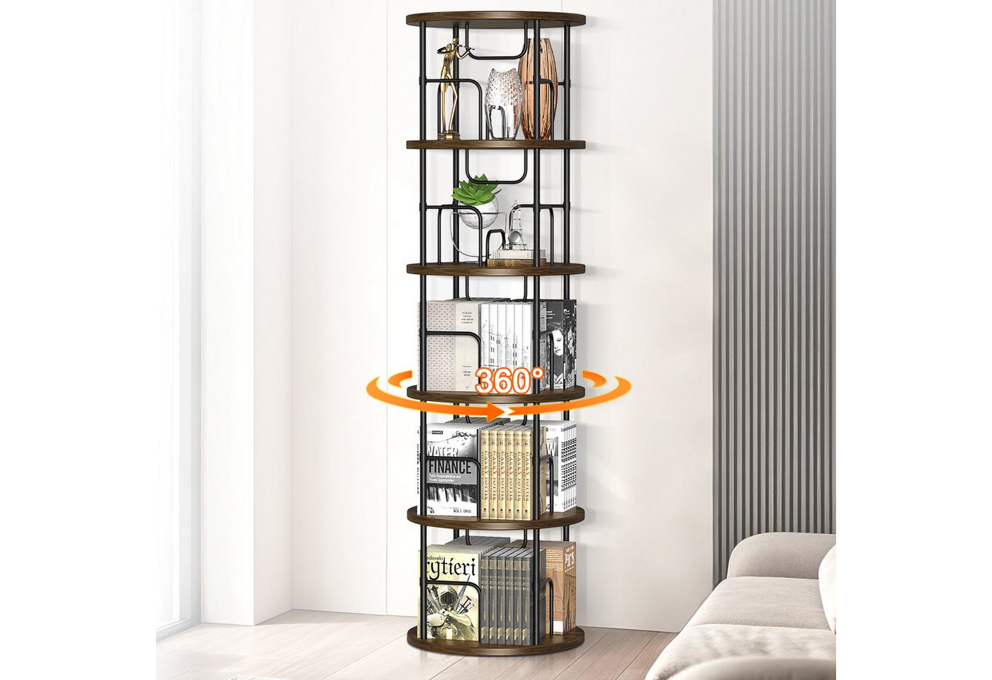 XERSEK Bücherregal 360° Drehbares Bücherturm 5 Ebenen Freistehend Standregal Holzmaserung, Bookshelf Aufbewahrungsregal Eckregal Spielzeugregal, für Kinderzimmer Wohnzimmer Schlafzimmer Büro Aufbewahrung Bild 5