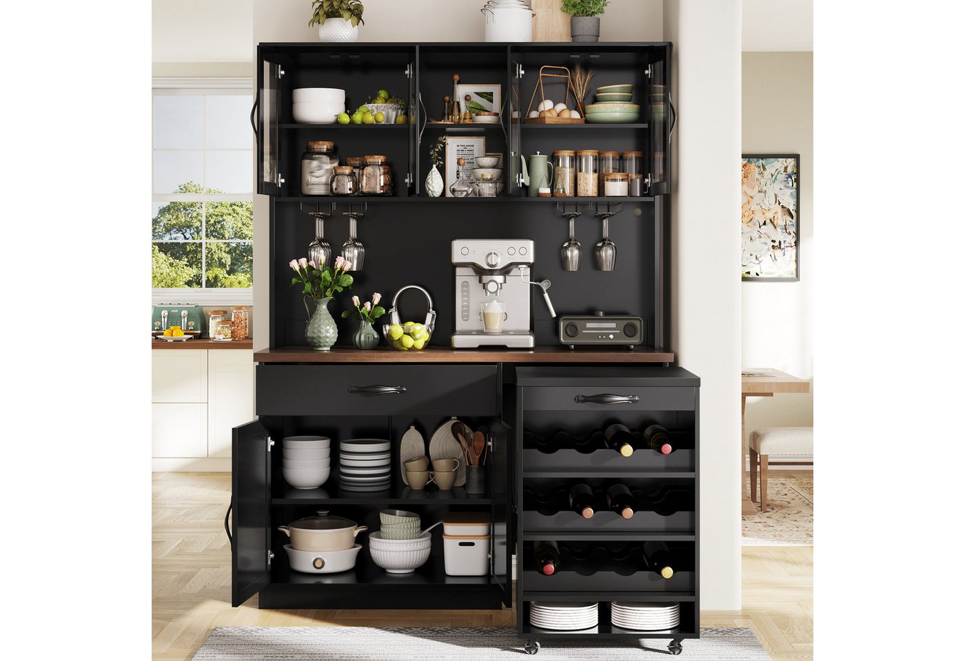 Odikalo Küchenbuffet Küchenschrank mit LED Rollwagen & Weinregal (mit Weinglasregal & Weinregal, Beleuchteter Sideboard Schrank für Wohnzimmer, Esszimmer)