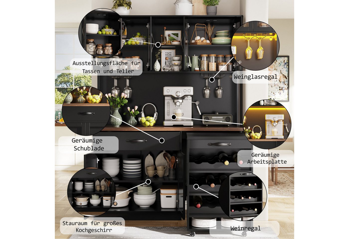 Odikalo Küchenbuffet Küchenschrank mit LED Rollwagen & Weinregal (mit Weinglasregal & Weinregal, Beleuchteter Sideboard Schrank für Wohnzimmer, Esszimmer) Bild 2