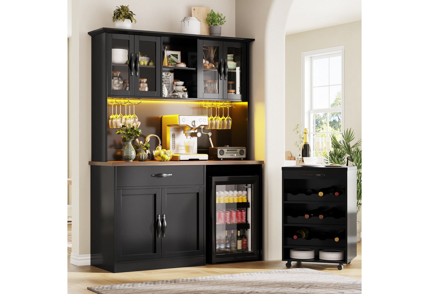 Odikalo Küchenbuffet Küchenschrank mit LED Rollwagen & Weinregal (mit Weinglasregal & Weinregal, Beleuchteter Sideboard Schrank für Wohnzimmer, Esszimmer) Bild 3