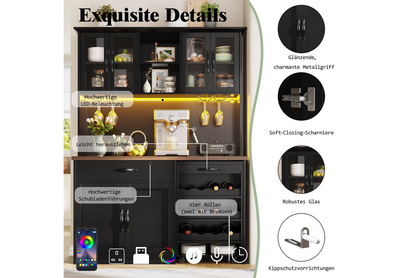 Odikalo Küchenbuffet Küchenschrank mit LED Rollwagen & Weinregal (mit Weinglasregal & Weinregal, Beleuchteter Sideboard Schrank für Wohnzimmer, Esszimmer) Bild 4