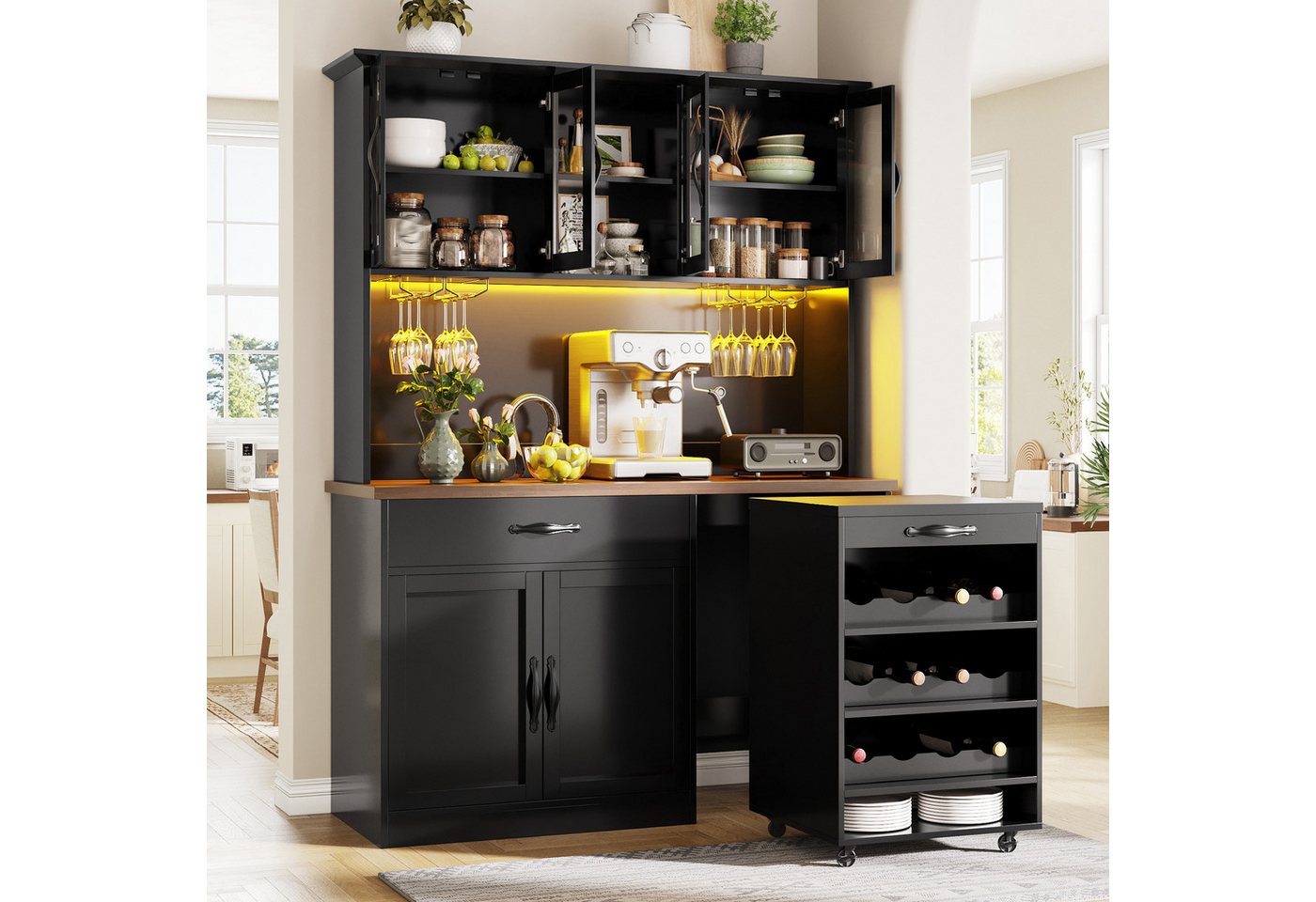 Odikalo Küchenbuffet Küchenschrank mit LED Rollwagen & Weinregal (mit Weinglasregal & Weinregal, Beleuchteter Sideboard Schrank für Wohnzimmer, Esszimmer) Bild 5