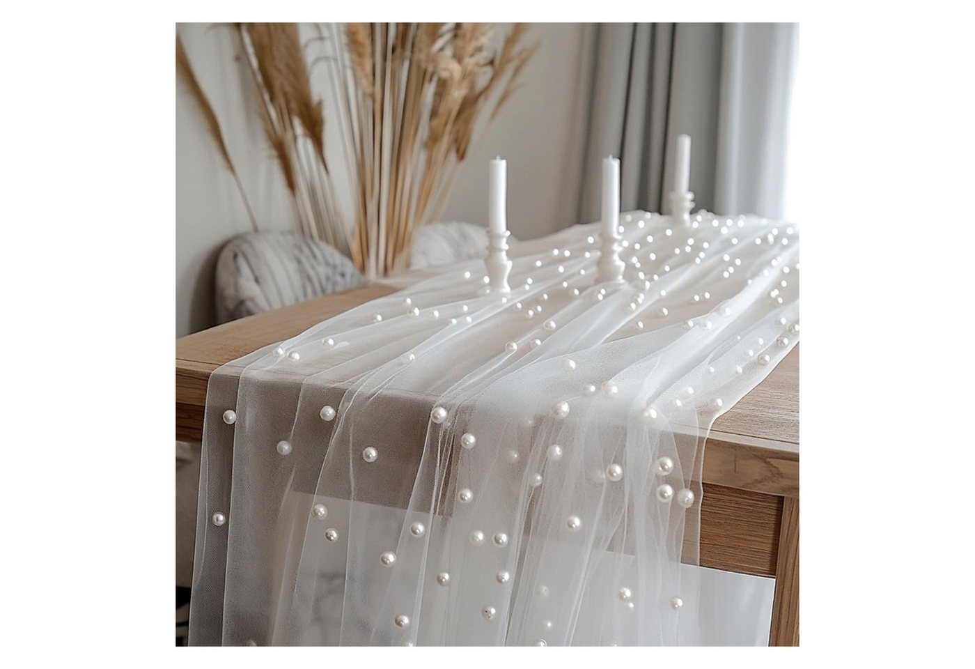 Agger Tischläufer Eleganter Tischläufer,Perlenverzierter Tischläufer aus Netz Tüllstoff, Tischdecke für Boho-Hochzeit, Geburtstagsfeier,0.75*3m,transparent