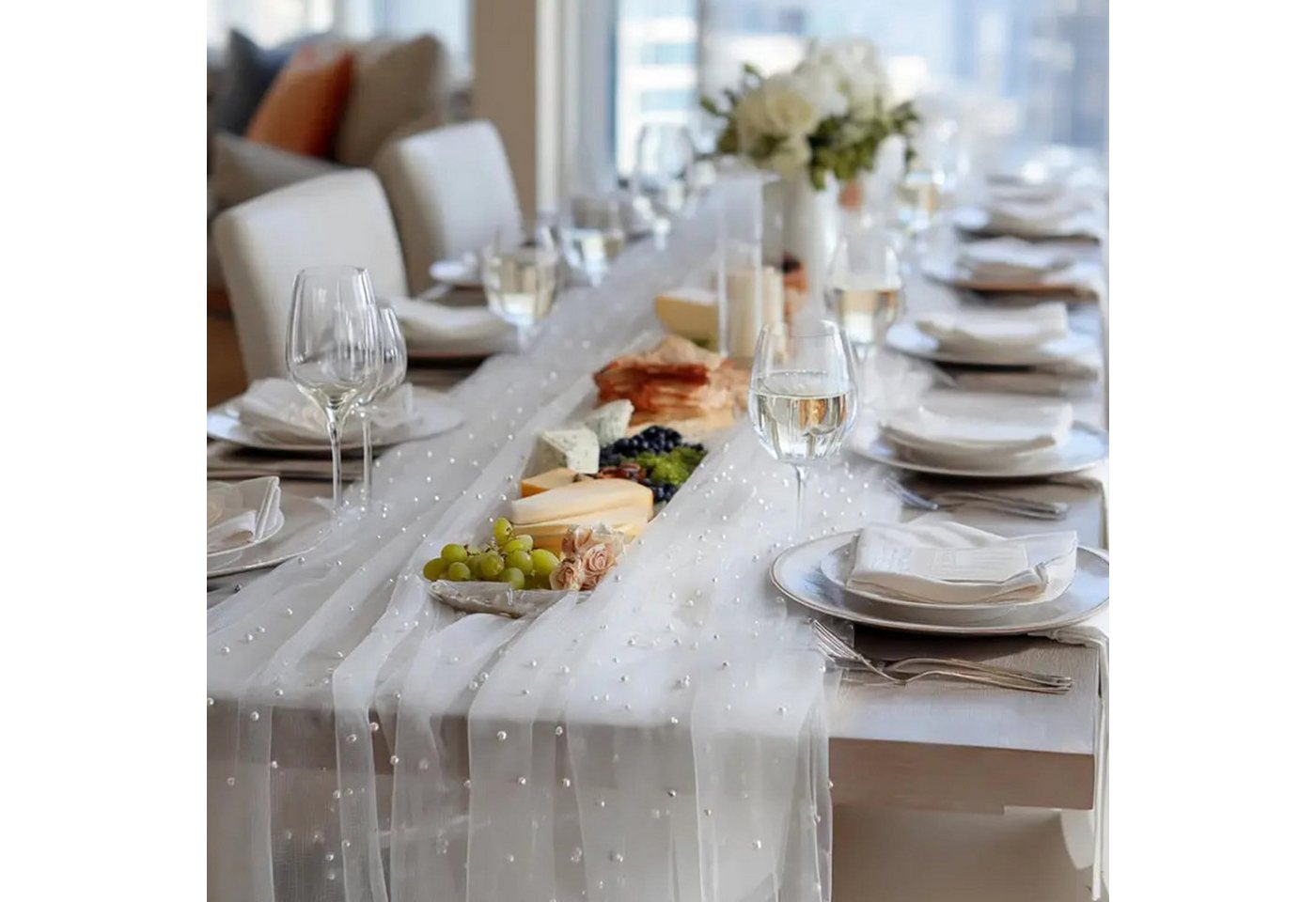 Agger Tischläufer Eleganter Tischläufer,Perlenverzierter Tischläufer aus Netz Tüllstoff, Tischdecke für Boho-Hochzeit, Geburtstagsfeier,0.75*3m,transparent Bild 4