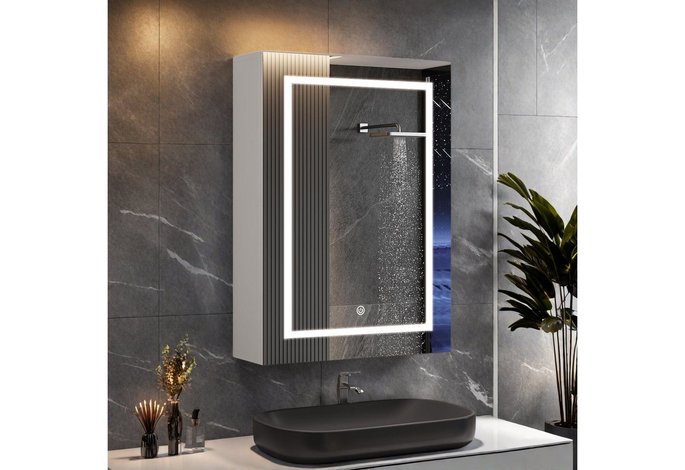 ADWOLT Badezimmerspiegelschrank Spiegelschrank mit LED-Beleuchtung (Set, 1-St., Badezimmerschrank mit Spiegel und 1 Türen) Wandschrank mit Ablage, Touchschalter, 70 x 50 x 12.5 cm, Weiß