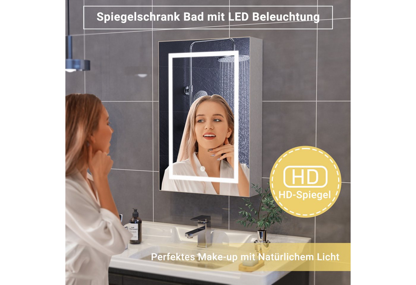 ADWOLT Badezimmerspiegelschrank Spiegelschrank mit LED-Beleuchtung (Set, 1-St., Badezimmerschrank mit Spiegel und 1 Türen) Wandschrank mit Ablage, Touchschalter, 70 x 50 x 12.5 cm, Weiß Bild 3