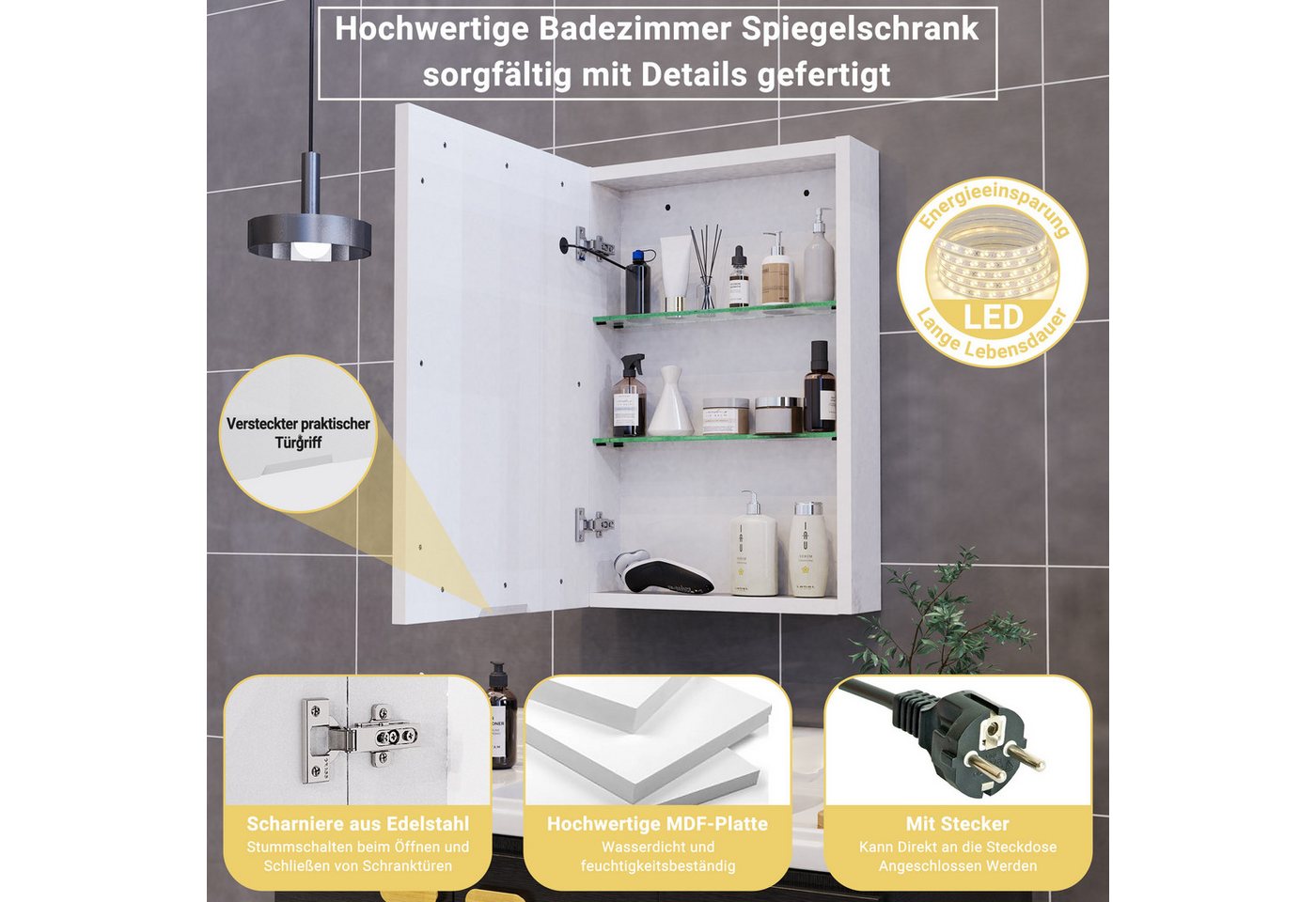 ADWOLT Badezimmerspiegelschrank Spiegelschrank mit LED-Beleuchtung (Set, 1-St., Badezimmerschrank mit Spiegel und 1 Türen) Wandschrank mit Ablage, Touchschalter, 70 x 50 x 12.5 cm, Weiß Bild 4