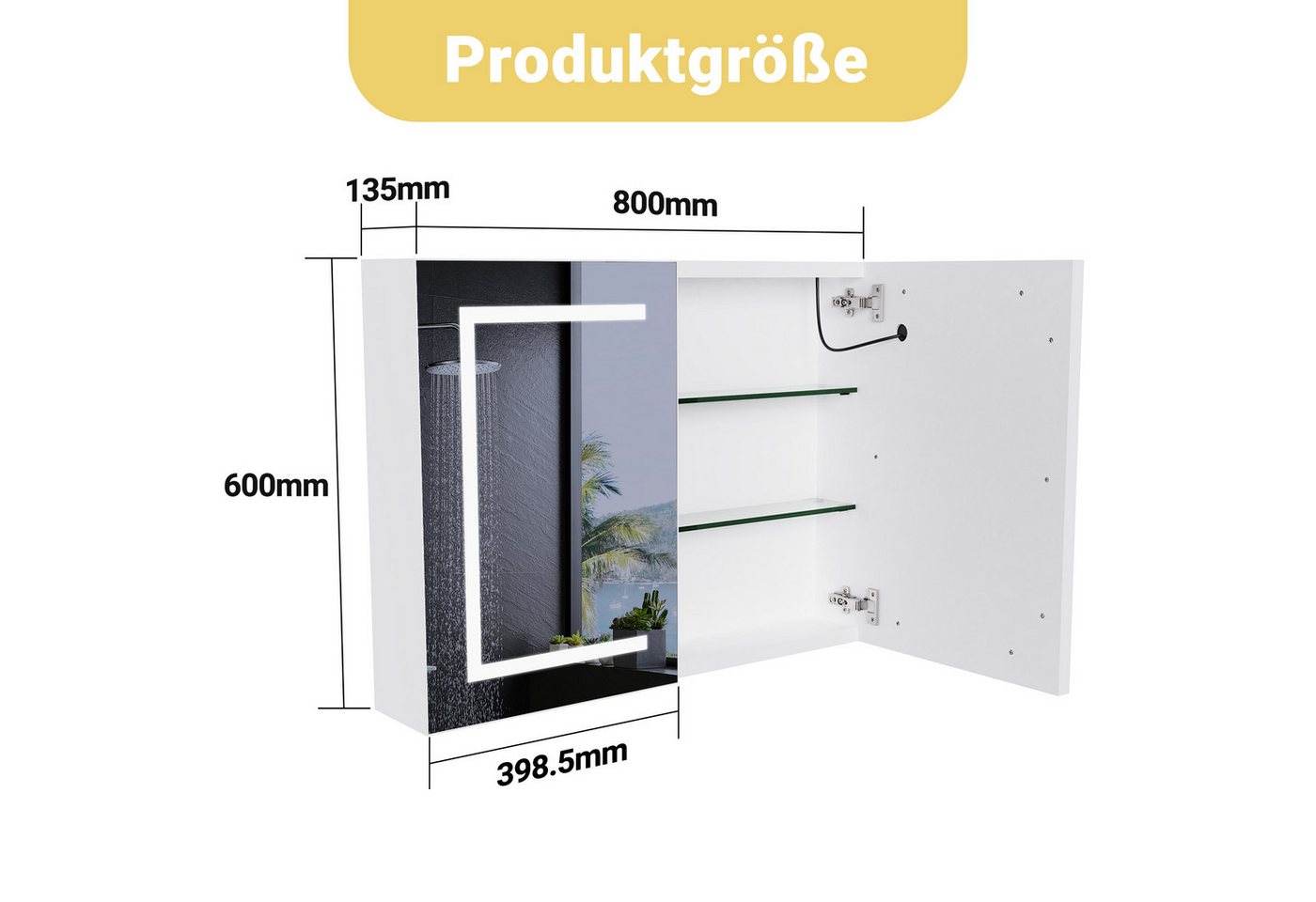 ADWOLT Badezimmerspiegelschrank Spiegelschrank mit LED-Beleuchtung (Set, 1-St., Badezimmerschrank mit Spiegel und 2 Türen) Wandschrank mit Ablage, Touchschalter, 60 x 80 x 13.5 cm, Weiß Bild 2