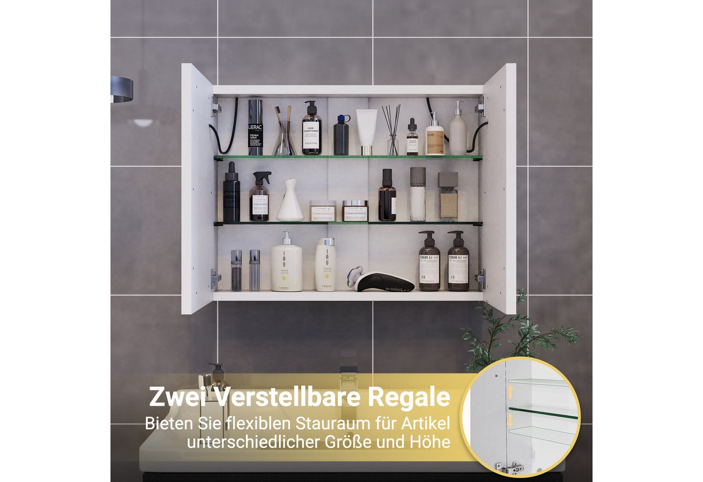 ADWOLT Badezimmerspiegelschrank Spiegelschrank mit LED-Beleuchtung (Set, 1-St., Badezimmerschrank mit Spiegel und 2 Türen) Wandschrank mit Ablage, Touchschalter, 60 x 80 x 13.5 cm, Weiß Bild 3