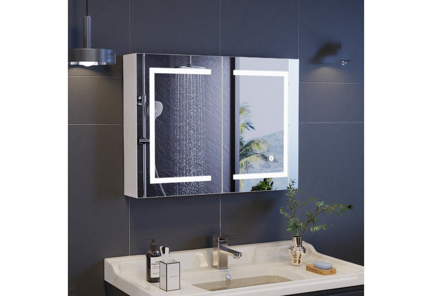 ADWOLT Badezimmerspiegelschrank Spiegelschrank mit LED-Beleuchtung (Set, 1-St., Badezimmerschrank mit Spiegel und 2 Türen) Wandschrank mit Ablage, Touchschalter, 60 x 80 x 13.5 cm, Weiß Bild 4