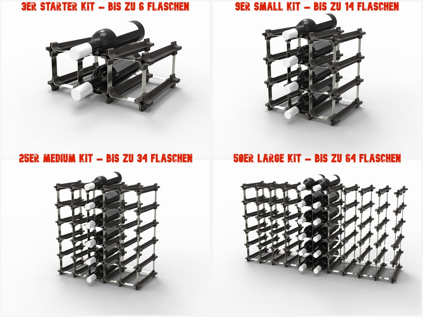 NOOK Flaschenregal erweiterbar stapelbar modulares Stecksystem Sets bis zu 6–60 Flaschen, Set-Typen des NOOK-Weinregals reichen vom Starter Kit für 6 Flaschen bis zum Large Kit für 60 Flaschen, Australisches Design / Platzsparend & vielseitig / Optimale Lagerung Bild 2