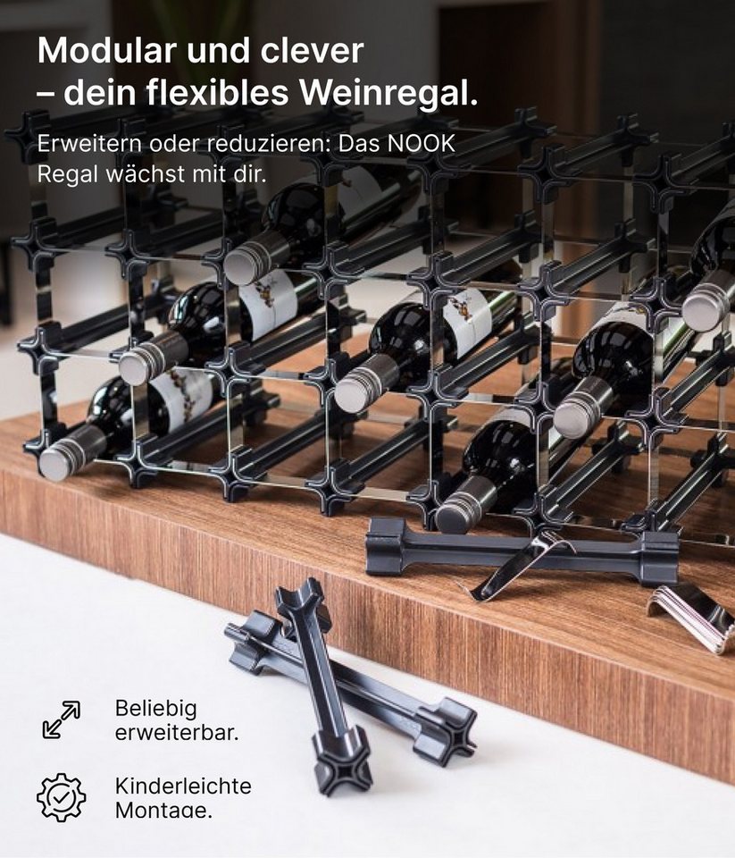 NOOK Flaschenregal erweiterbar stapelbar modulares Stecksystem Sets bis zu 6–60 Flaschen, Set-Typen des NOOK-Weinregals reichen vom Starter Kit für 6 Flaschen bis zum Large Kit für 60 Flaschen, Australisches Design / Platzsparend & vielseitig / Optimale Lagerung Bild 5