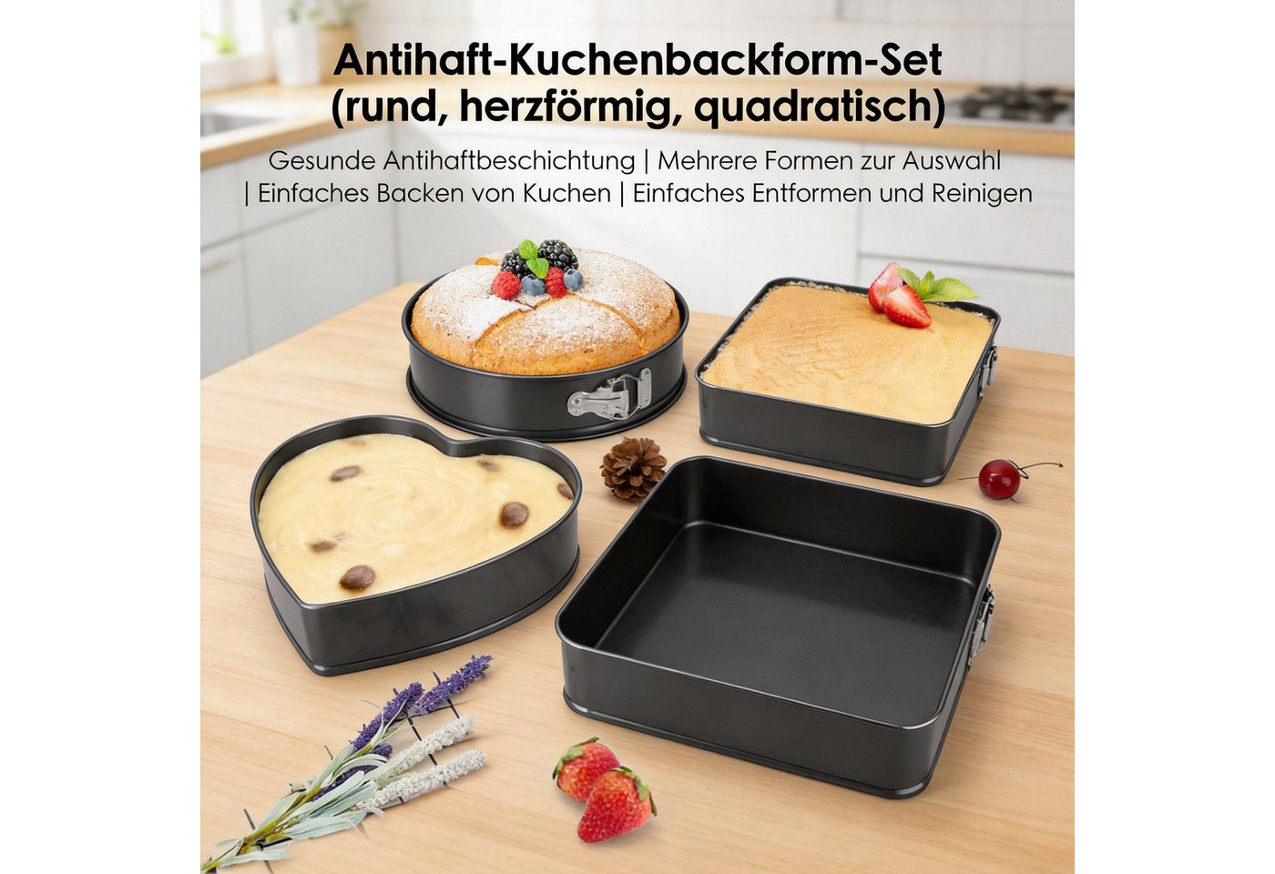 AIMAX Springform 3-teiliges Set mit Antihaftbeschichtung, Kuchenform mit herzförmig, rund, quadratisch, auslaufsicher Bild 5