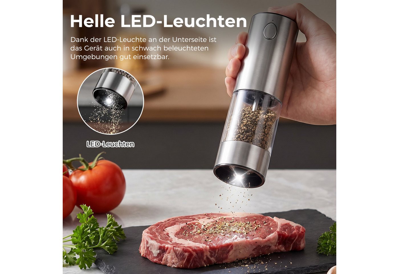 AKKEE Salz-/Pfeffermühle Elektrische Salzmühle & Pfeffermühle, Adjustable, mit LED-Licht, Hochwertiger Keramik-Schleifkern