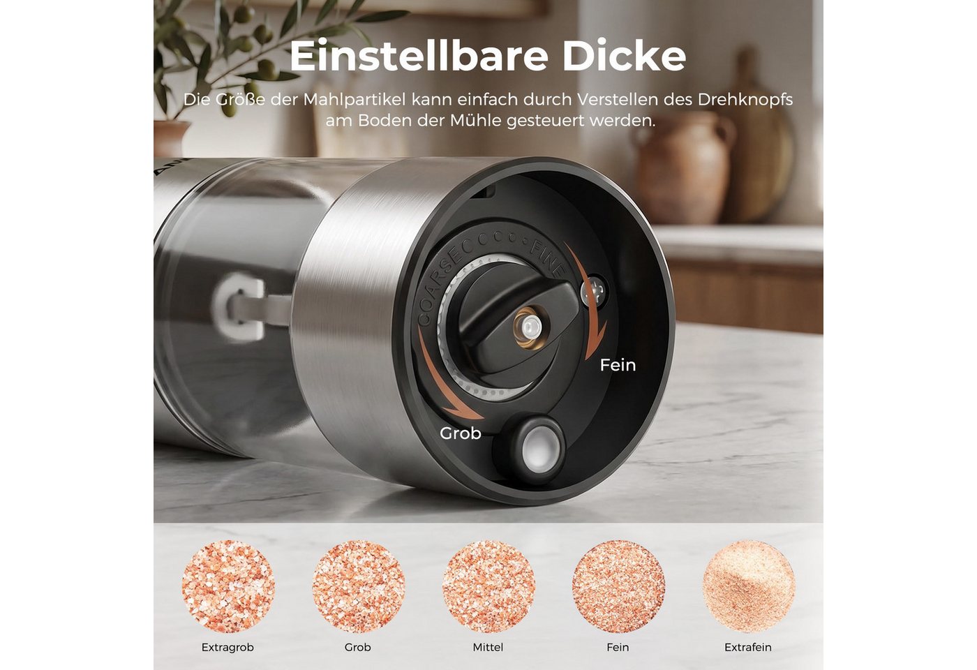 AKKEE Salz-/Pfeffermühle Elektrische Salzmühle & Pfeffermühle, Adjustable, mit LED-Licht, Hochwertiger Keramik-Schleifkern Bild 5