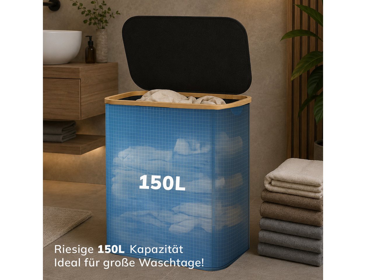 Roxlin Wäschekorb Wäschekorb 150L faltbar mit Deckel, wasserdicht, 2 Taschen