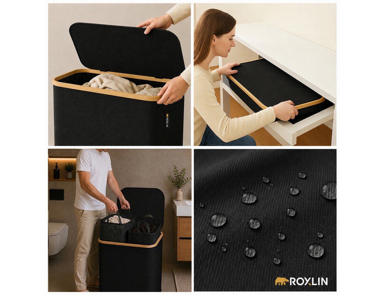 Roxlin Wäschekorb Wäschekorb 150L faltbar mit Deckel, wasserdicht, 2 Taschen Bild 3