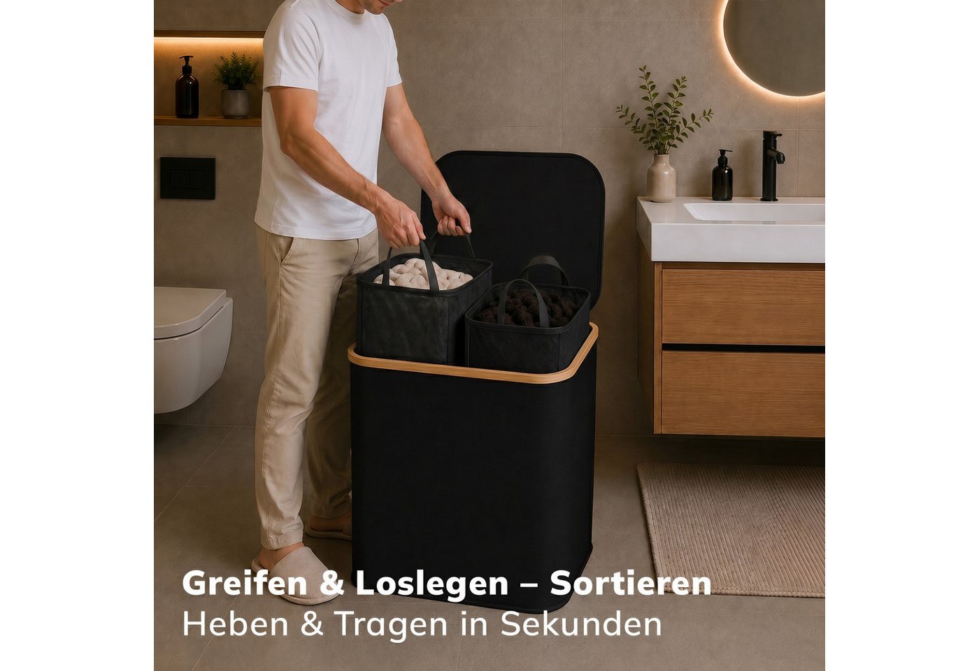 Roxlin Wäschekorb Wäschekorb 150L faltbar mit Deckel, wasserdicht, 2 Taschen Bild 4