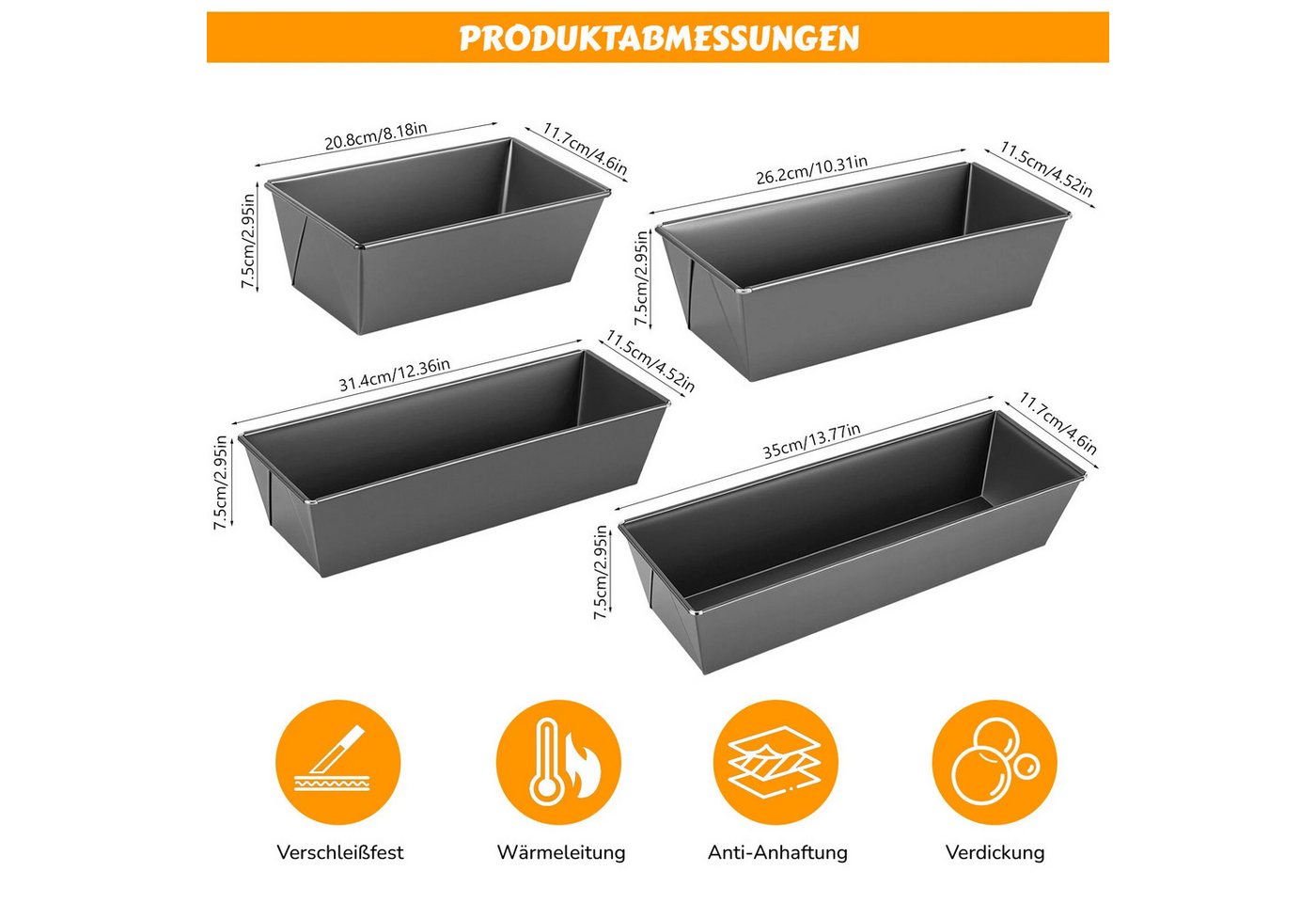 BlingBin Brotbackform 4 Stück Kastenform Kuchen Brot, Antihaftbeschichtet Backform, (4er Set 4-tlg), Königskuchenform Rechteckig für Kuchen, Toastbrot, Käsekuchen, Brownie Bild 4