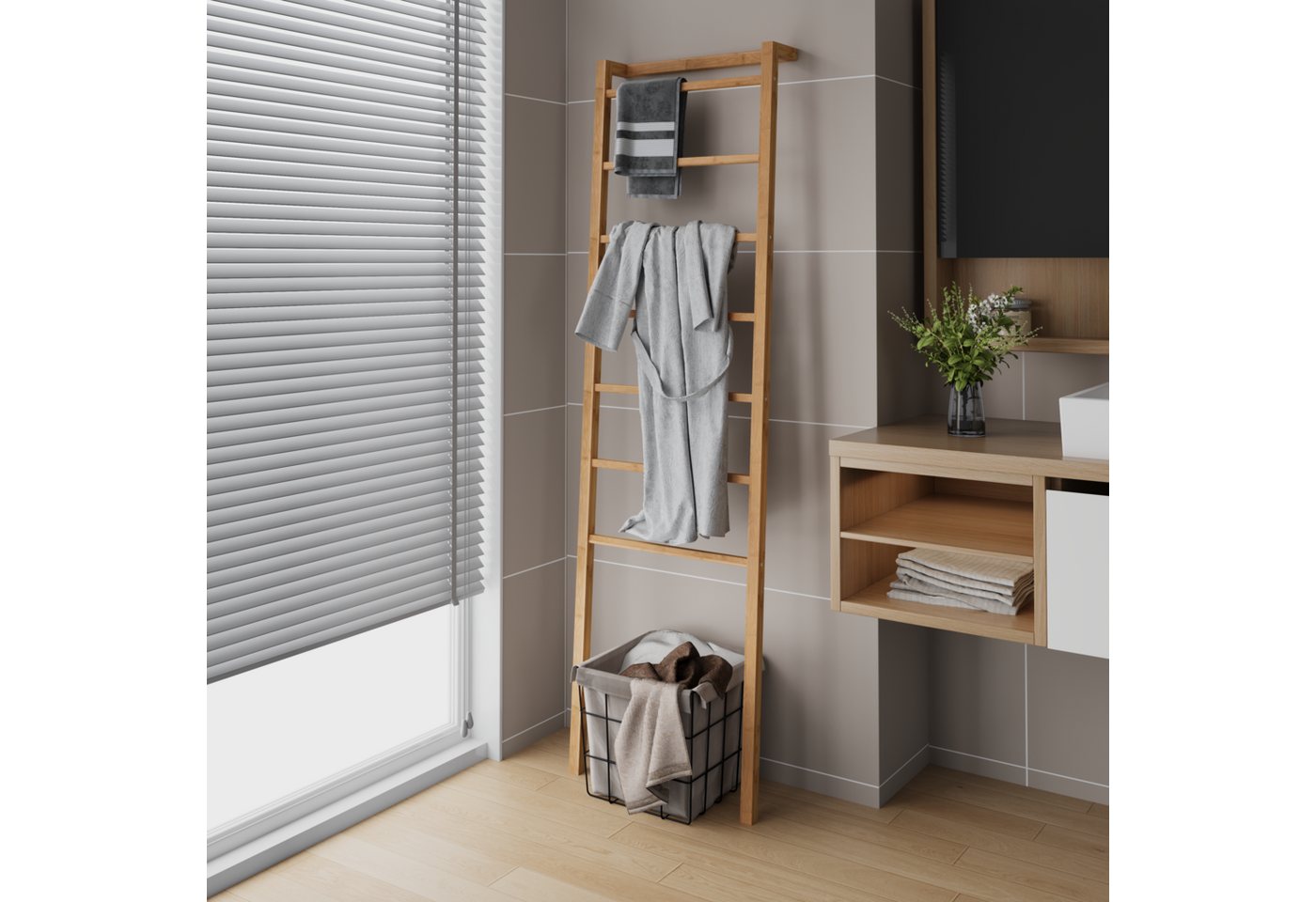 Yorbay Handtuchleiter 7 Sprossen Bambus, ohne Bohren platzsparend Badezimmer Bild 2