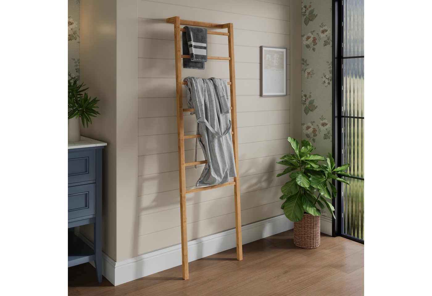 Yorbay Handtuchleiter 7 Sprossen Bambus, ohne Bohren platzsparend Badezimmer Bild 3