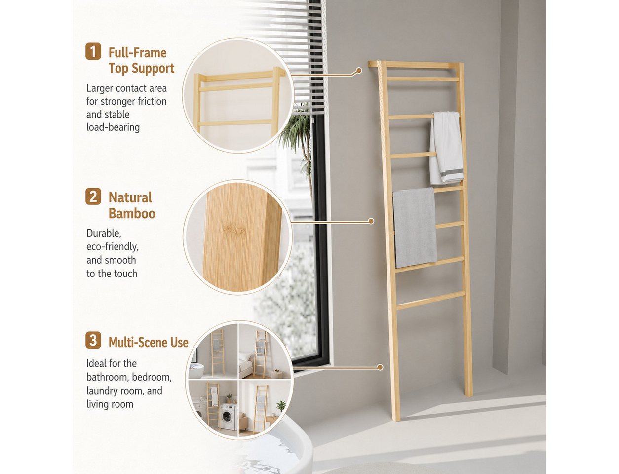 Yorbay Handtuchleiter 7 Sprossen Bambus, ohne Bohren platzsparend Badezimmer Bild 4