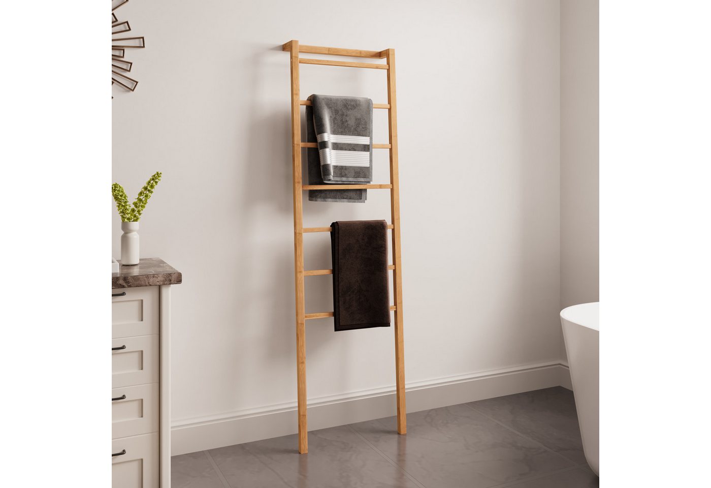 Yorbay Handtuchleiter 7 Sprossen Bambus, ohne Bohren platzsparend Badezimmer Bild 5