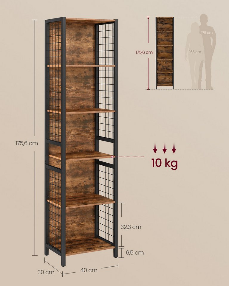 VASAGLE Bücherregal Büroregal, Küchenregal, für Büro, Wohnzimmer, Arbeitszimmer, Standregal, mit 6 Ablagen, 4 S-Haken, 30 x 40 x 175.6 cm Bild 4