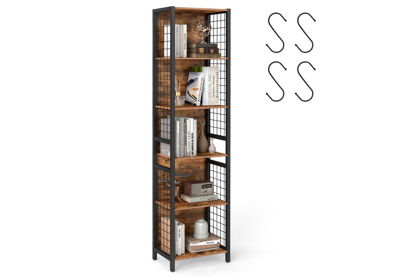 VASAGLE Bücherregal Büroregal, Küchenregal, für Büro, Wohnzimmer, Arbeitszimmer, Standregal, mit 6 Ablagen, 4 S-Haken, 30 x 40 x 175.6 cm Bild 5