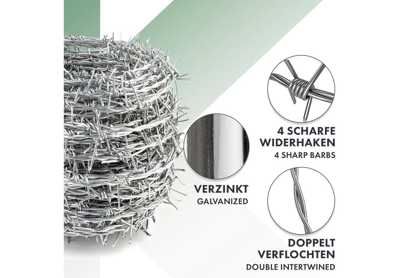 Karat Draht Stacheldraht verzinkt grün Zaunschutz Absperrdraht Klingeldraht, (Verzinkt oder kunststoffbeschichtet), Länge: 16 m oder 50 m
