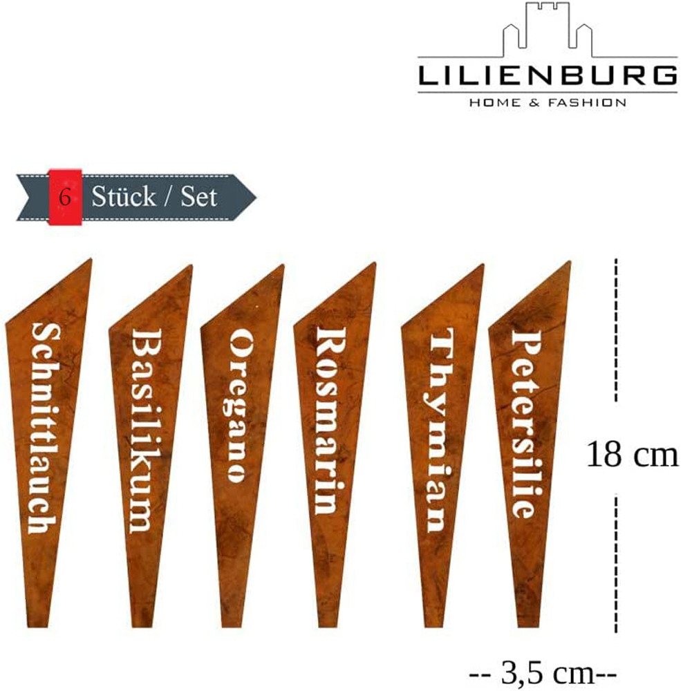 LB H&F Lilienburg Gartenstecker 6er SET Kräuterstecker Metall Metallstecker Kräutertopf (Rostschild Kennzeichnung Markierung Kräuter Kräutertopf Zubehör Samen Kräuter Pflanzen Roststecker zum Stecken Deko Kräutergarten Blumenstecker ROST KEIL, Pflanzschild Gewürzstecker Gartenstecker Kräuter Dekostecker) Rostdeko Kräuterschild Etikett Pflanzstecker Kräuterschilder