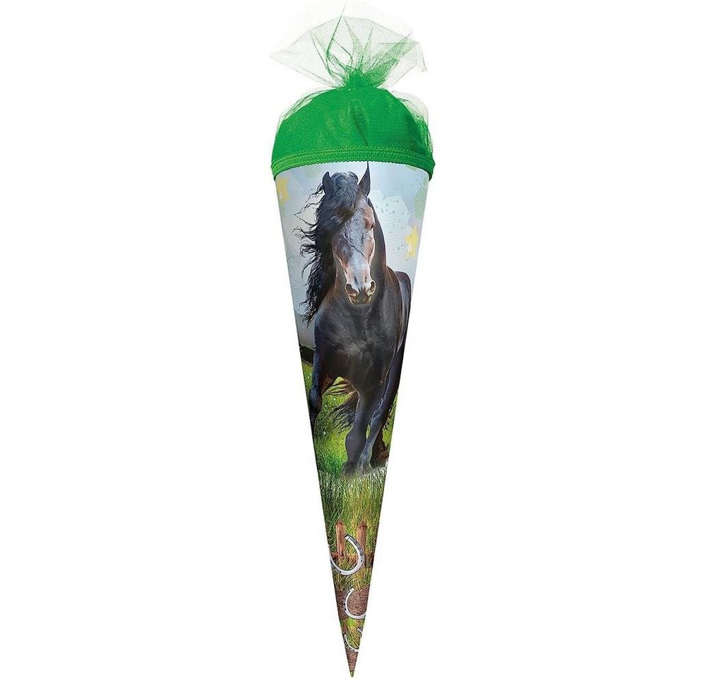 Roth Schultüte Power Horse / Pferd, 35 cm, rund, mit grünem Tüllverschluss, Zuckertüte für Schulanfang