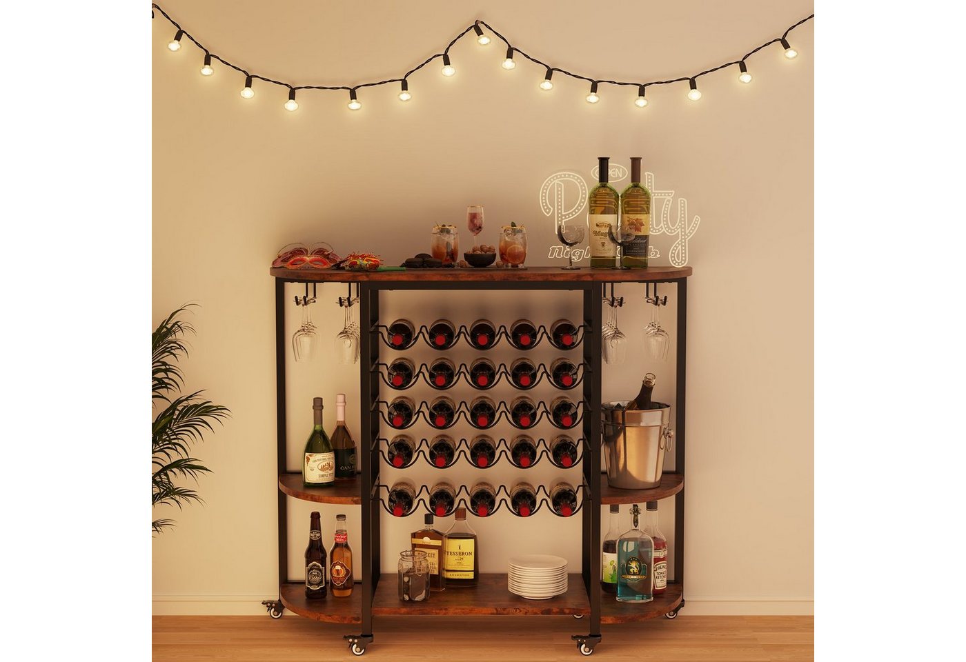 Dripex Weinregal Weinschrank auf Rollen für 25 Flaschen mit Glashalter und Tischplatte
